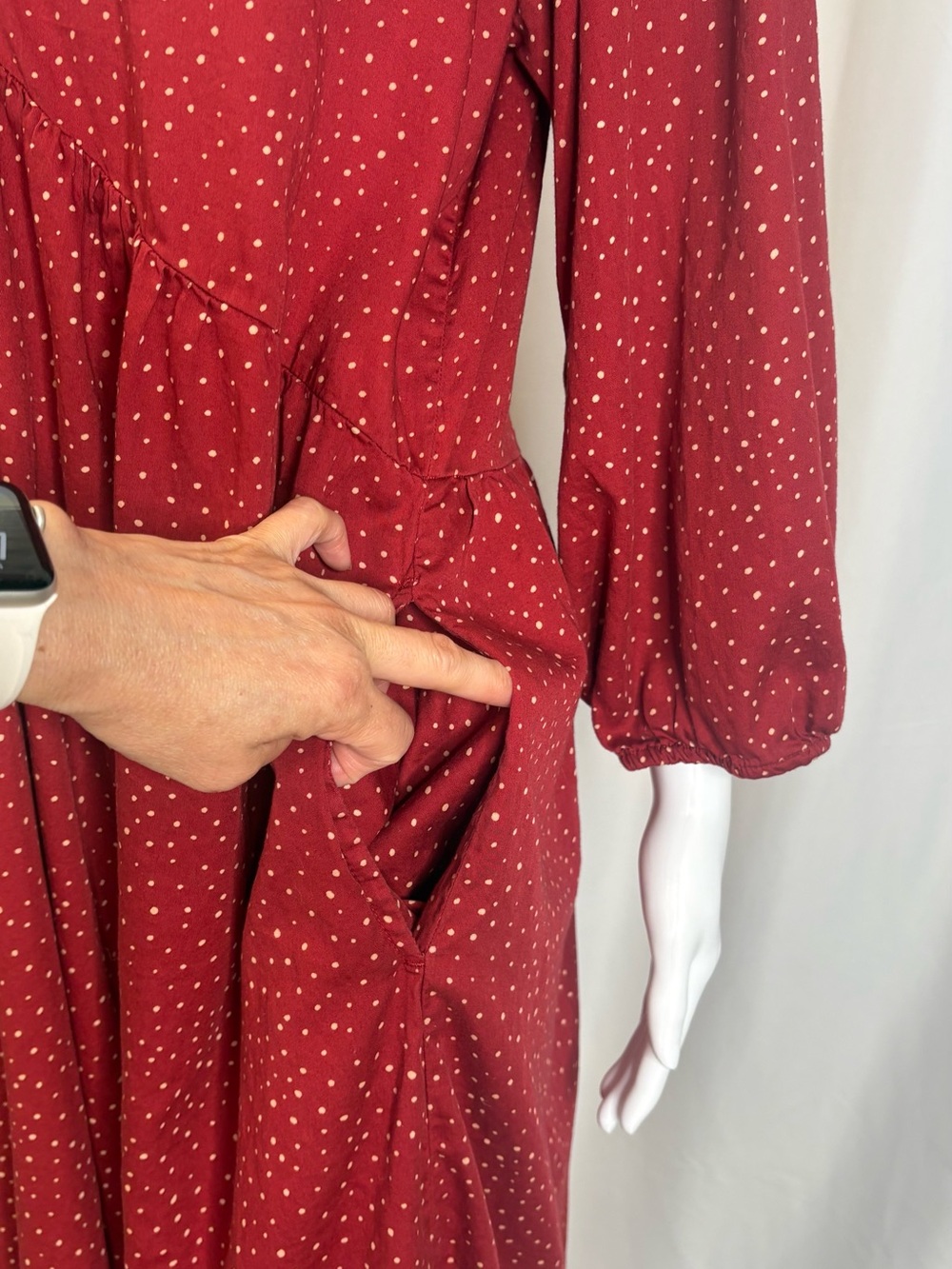 GAP Polka Dot Puff Sleeve Babydoll Midi Dress Size Large Red Tiered Ruffle Hem - Picture 5 of 12